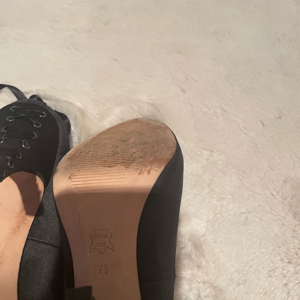 BCBG MaxAzria Anya Black Satin Peep Toe Heels - Picture 5 of 6